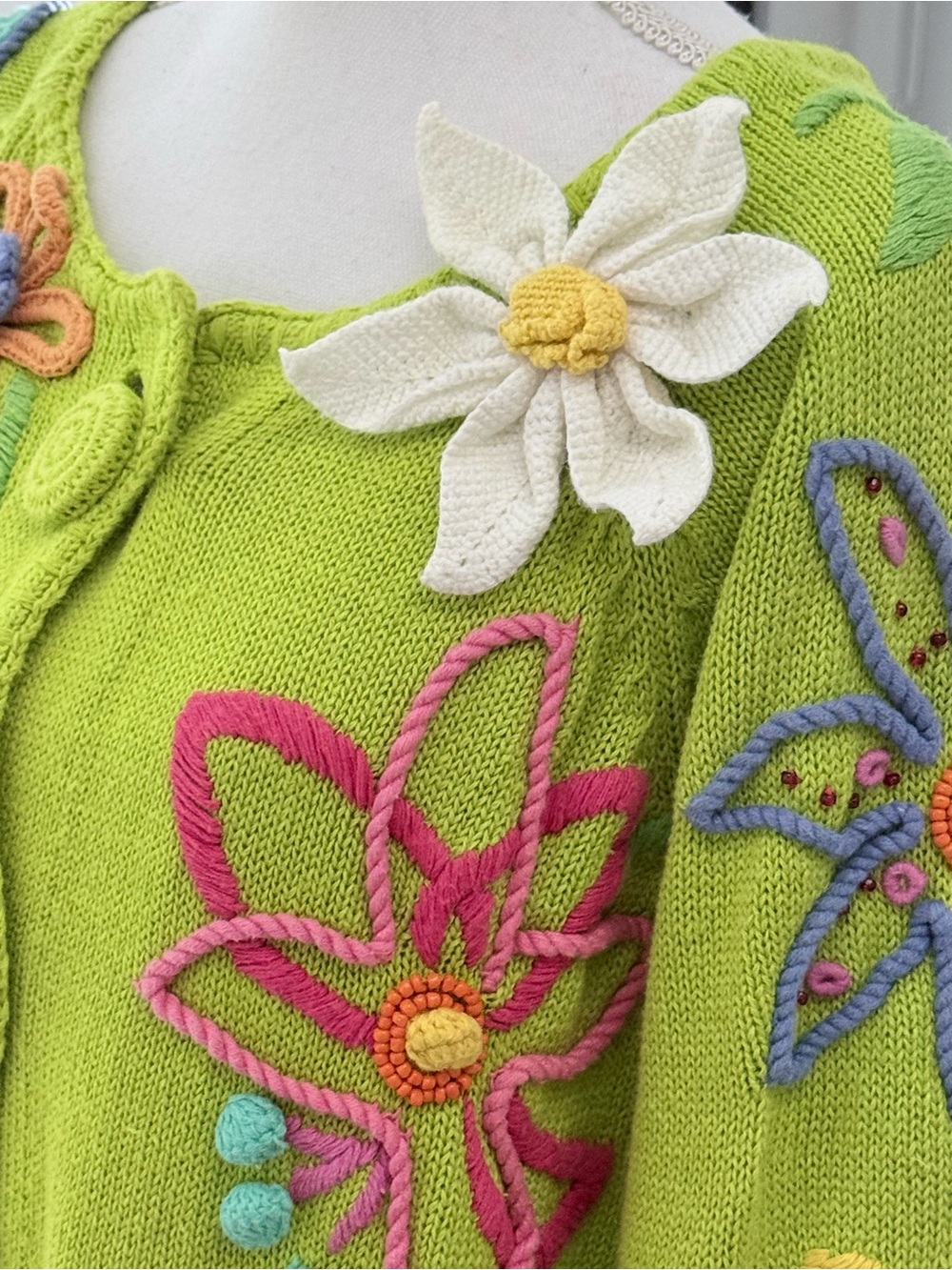 Vintage Cervelle 3D Floral Embroidered Beaded Novelty Cardigan Lime Green M - Picture 8 of 15